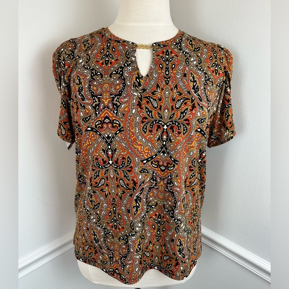 MICHAEL KORS Black, Beige & Orange Printed Gold Chain Petal Sleeve Top | Size XL - Picture 3 of 16